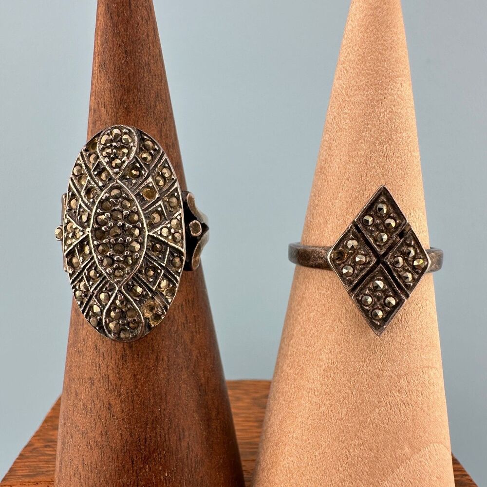 Vintage Sterling Silver Marcasite Ring Lot Art Deco Signed Size 6 & 6.5 READ